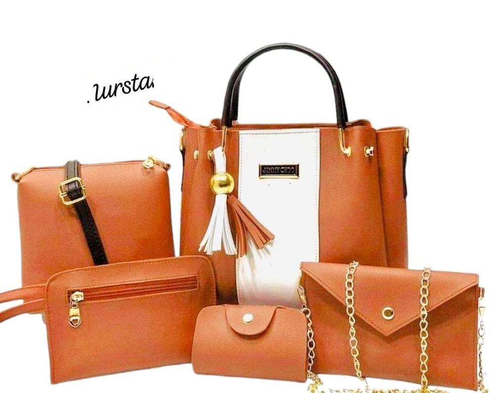 Stylish Women's Mustard PU Leather Bag Set - 5 Pcs